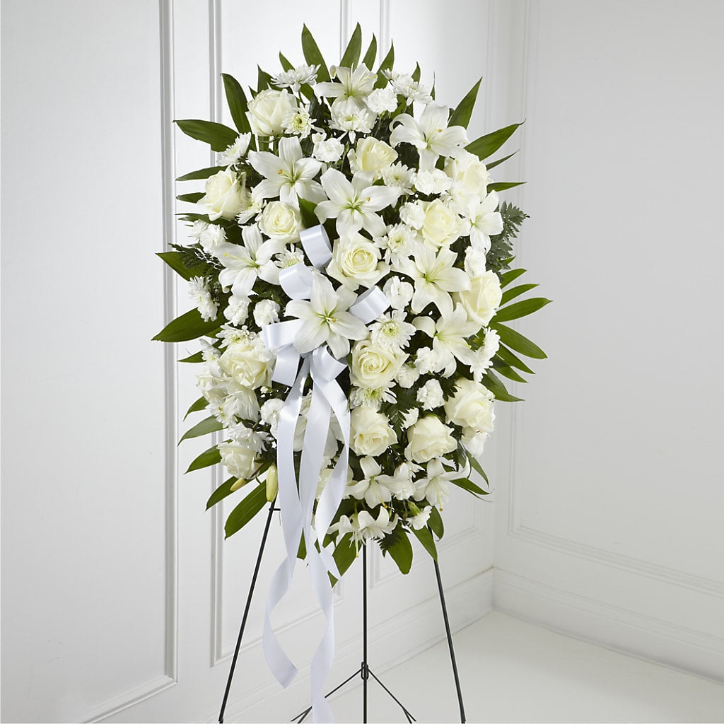 Exquisite Tribute Standing Spray-White Ribbon – Grass Valley Florist, Grass Valley CA